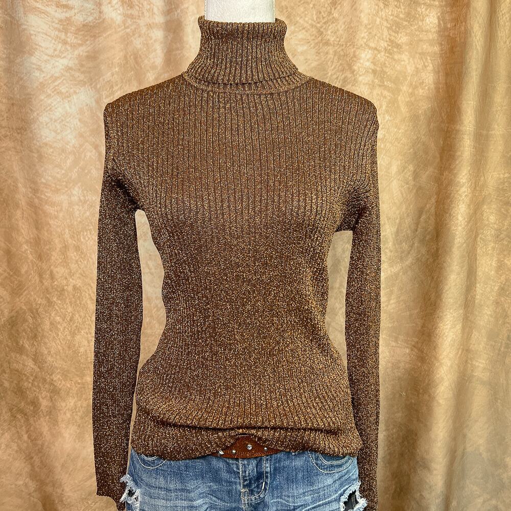 Metallic Ribbed Turtleneck Top Long Sleeve Orange Brown Vintage 90s Halloween